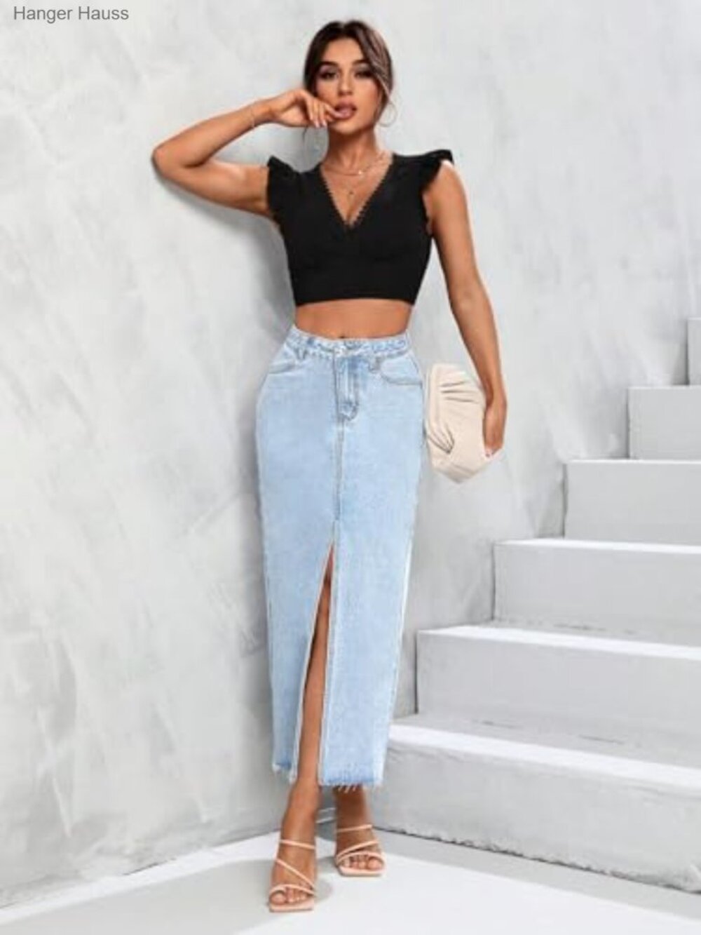 High Waist Stretch Maxi Denim Skirt Front Split Frayed Raw Hem A Line - Picture 5 of 7
